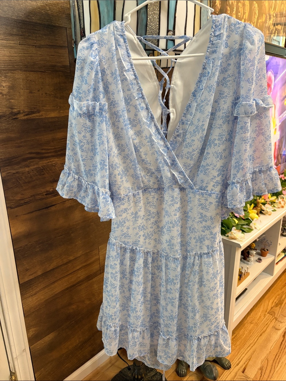 Light Blue Floral Ruffle Wrap Dress